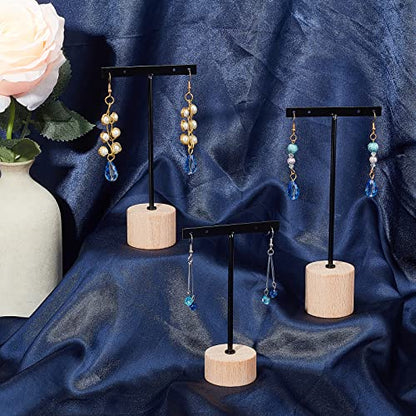 FINGERINSPIRE 3 Pcs Black Metal T Bar Earring Display Stand with Wooden Round Base 4 Holes Earrings T Stand Hanging Earring Organizer for Store Retail Photography Props（4.7 & 5.5 & 6.3 inch Height） - color: 4 Holes With Round Base