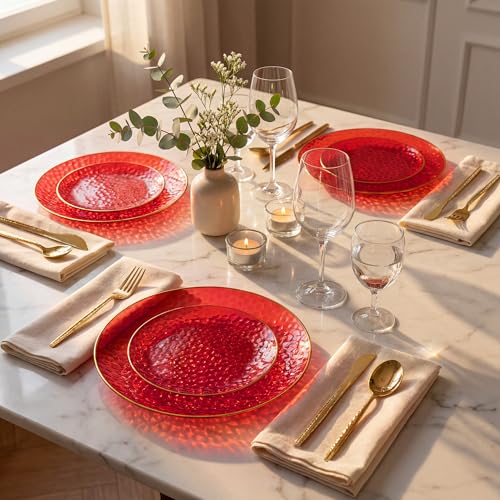 I00000 150Pcs Red Plastic Plates with Gold Rim,Fancy Plastic Plates,Red hammer patterned Disposable plates Set include 30 Dinner Plate,30 Dessert Plate,90 plastic Silverware Set for Valentine's Day - color: Clear and red