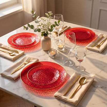 I00000 150Pcs Red Plastic Plates with Gold Rim,Fancy Plastic Plates,Red hammer patterned Disposable plates Set include 30 Dinner Plate,30 Dessert Plate,90 plastic Silverware Set for Valentine's Day - color: Clear and red