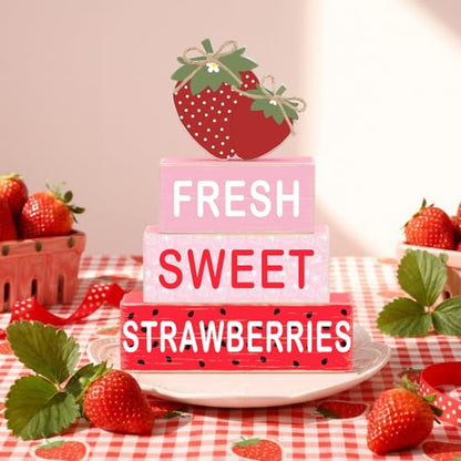 GlikCeil 4 Pcs Strawberry Table Decoration Summer Wooden Tiered Tray Decor Set Strawberry Wood Block Table Sign Centerpieces Farmhouse Rustic Summer Tabletop Decors for Home Office Desk Shelf Decor - style: Strawberry