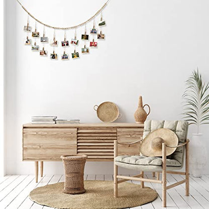 Kathfly 2 Pcs Hanging Photo Display with 36 Wood Clips DIY Boho Collage Picture Frame Wooden Beads Garland Hanging Picture Holder 3.61 ft Rustic Photo Wall Decor for Dorm Bedroom Nursery
