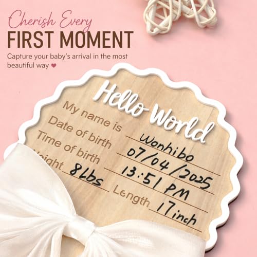 Wonhibo Newborn Announcement Sign - Baby Hospital Photo Prop Wooden Board Card with White Bow Hello World - color: White Bow