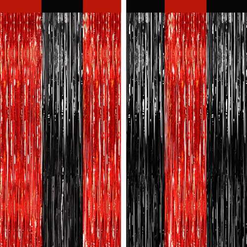 2 Pack Black and Red Foil Fringe Curtains Party Decorations, Tinsel Curtain Backdrop Streamers for Birthday Graduation Fiesta Stranger Theme Halloween Christmas Party Decors Supplies Door Streamers - color: Black Red