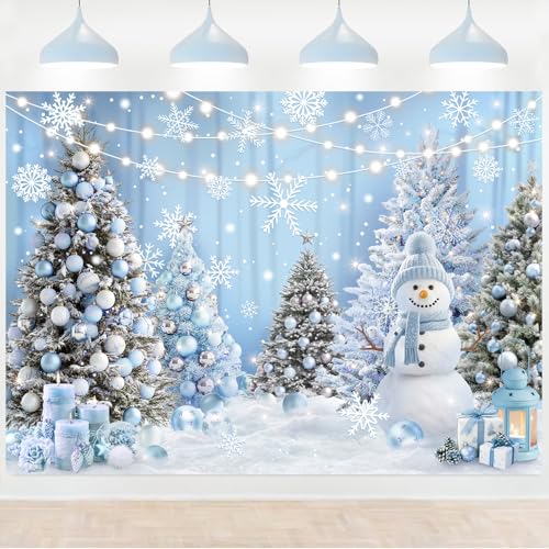 InMemory Blue Winter Wonderland Backdrop Christmas Snowy Forest Trees Snowflake Snowman Background for Photography Xmas Holiday Party Decoration Prop Banner 6x4ft - color: Blue
