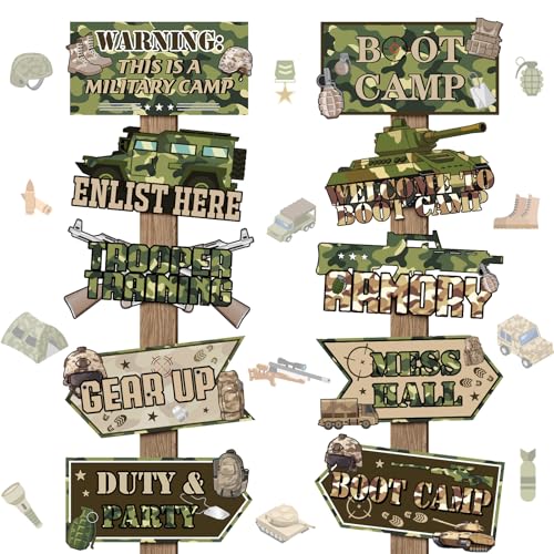 Hooqict 20 Pieces Army Party Sign Camouflage Military Birthday Party Decorations Directional Signs for Boys Men Camo Army Retirement Decorations Welcome to Boot Camp Party Supplies - style: Army