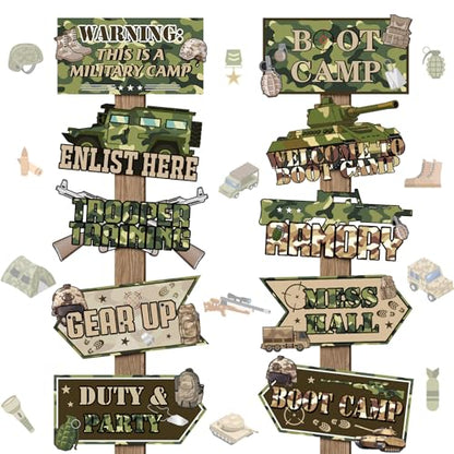 Hooqict 20 Pieces Army Party Sign Camouflage Military Birthday Party Decorations Directional Signs for Boys Men Camo Army Retirement Decorations Welcome to Boot Camp Party Supplies - style: Army