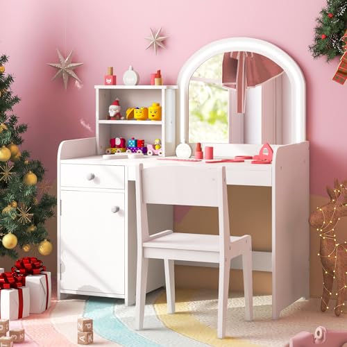 Costzon Kids Vanity with Lights, 2 in 1 Princess Makeup Desk & Chair Set with Lighted Mirror, Drawer, Storage Shelves & Cabinet, Toddler Dressing Table, Vanity Set for Little Girls, White - style: White with Cabinet