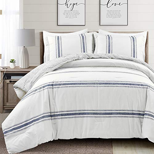 Lush Decor Farmhouse Stripe Reversible Cotton Comforter Set, 3 Piece Set, Full/ Queen, Navy - Cozy Farmhouse Bedding Set - Rustic Decor - Striped Comforter - Modern Farmhouse Bedroom Decor - color: Navy, size: Full/Queen