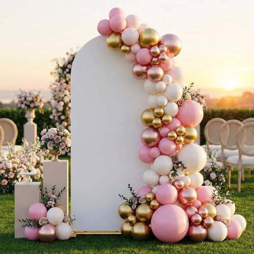 Arch Backdrop Stand and Cover Set, 7.2 x 4FT Gold Metal Wedding Arch for Ceremony, Heavy Duty Balloon Arch Stand with White Spandex Cover for Birthday Party, Baby Shower, Graduation, Event Decor - size: 7.2 Ft
