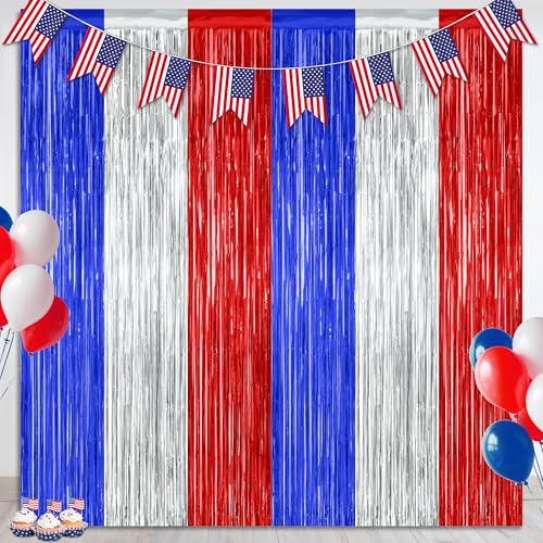 2 Pack 4th of July Decorations, 3.28 FT x 7.05 FT 250 Anniversary Tinsel Backdrop, Red Silver Blue Fringe Curtains Streamer Backdrop, Independence Day Photo Backdrop Party Supplies - color: Blue Silver Red, size: 2 PCS