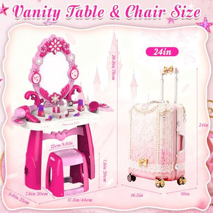Toddler Vanity Kids Vanity Table and Chair Set, Girls Makeup Table with Mirror Lights & Music, Pretend Play Dress Up Toys with Hair Dryer, Princess Crown & Wand, Storage Bag, Gifts for Girls Age 3 4 5