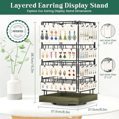 EsLuker.ly Rotating Earring Display Holder Stand for Vendors Events Selling, Large Capacity 64 Hooks Jewelry Rack with Wooden Base for Earring Card Sales, Enhances Retail Visibility(Rustic Gray) - color: Rustic Gray+Black