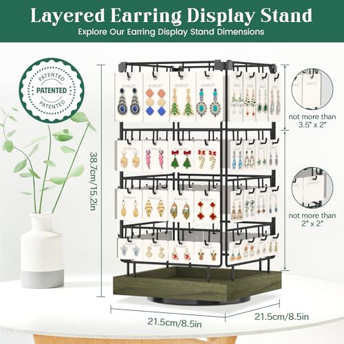 EsLuker.ly Rotating Earring Display Holder Stand for Vendors Events Selling, Large Capacity 64 Hooks Jewelry Rack with Wooden Base for Earring Card Sales, Enhances Retail Visibility(Rustic Gray) - color: Rustic Gray+Black