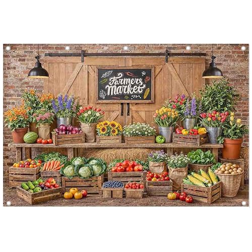 12x8ft Fabric Farmers Market Backdrop Fresh Vegetables Flowers Wooden Barn Spring Photography Background Baby Shower Birthday Party Decorations Photo Banner Props - size: 12'x8'