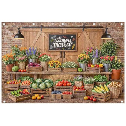 12x8ft Fabric Farmers Market Backdrop Fresh Vegetables Flowers Wooden Barn Spring Photography Background Baby Shower Birthday Party Decorations Photo Banner Props - size: 12'x8'