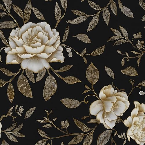 Floral Wallpaper Peel and Stick, Black/Golden/White Peony Flowers Contact Paper, Botanical Wall Paper Self Adhesive Waterproof Removable for Room Shelves Cabinet Drawer Table Decor 17.5" x 118" - color: Golden/White Flower, size: 17.5" x 118"