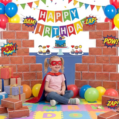 Tenceur 24 Pcs Hero Party Decorations 5.91 x 2.76 Inches 3D Red Brick Paper Box Photography Backdrop for Hero Themed Baby Shower Birthday Party Favor