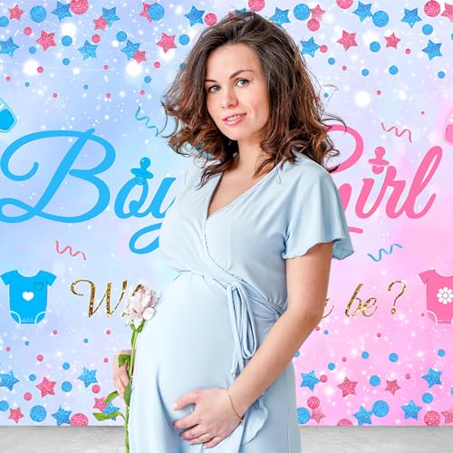 7X5FT Gender Reveal Boy Or Girl Photo Backdrop He Or She What Will Baby Be Blue Pink Footprints Glitter Dots Star Party Decorations Photography Background Polyester - size: 7x5 FT