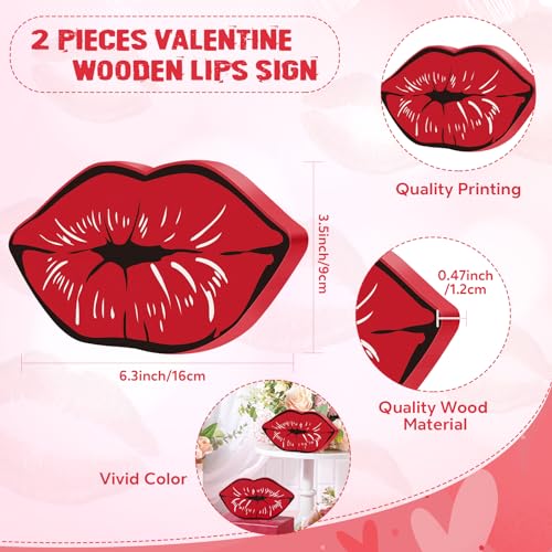 2 Pcs Lips Decor Wood Signs, Red Pink Kisses Mouth Table Centerpiece for Wedding Anniversary Romantic Home Decor Tiered Tray Decors Bedroom Bathroom Shelf Decoration, 6.3 x 3.5 x 0.47 Inch(Red) - color: Red