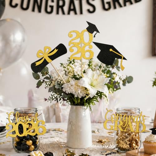 Babycop Graduation Decorations 2026 – 20PCS Graduation Centerpieces for Tables in 5 Black & Gold Designs, Class of 2026 Table Decorations for Grad Party, Photo Props/Flower Arrangement