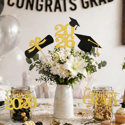 Babycop Graduation Decorations 2026 – 20PCS Graduation Centerpieces for Tables in 5 Black & Gold Designs, Class of 2026 Table Decorations for Grad Party, Photo Props/Flower Arrangement