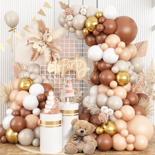 Brown Balloon Arch Kit,Boho Balloon Garland with Brown and Nude Metallic Gold White Sand Beige Balloons for Bear Baby Shower Wedding Jungle Safari Neutral Birthday Party Decorations - color: Brown Nude