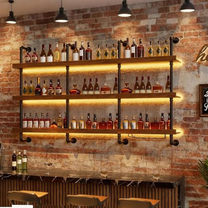 62.9in Large Wine Rack with LED Light Solid Wood Wall Mounted Wine Rack, 3-Tiers Liquor Bottles Floating Shelves Display Storage Organizer for Home Bar & Dining Room (160cm/62.9in) - size: 62.9 inches