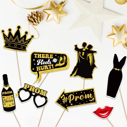24 Pcs Prom Photo Booth Props Kit - Funny Prom Dance Party Photo Booth Props for High School or College Graduation Party Decorations Supplies Favors, Black Gold Selfie Props