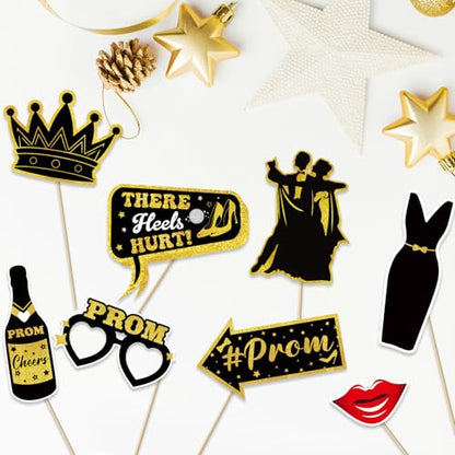 24 Pcs Prom Photo Booth Props Kit - Funny Prom Dance Party Photo Booth Props for High School or College Graduation Party Decorations Supplies Favors, Black Gold Selfie Props