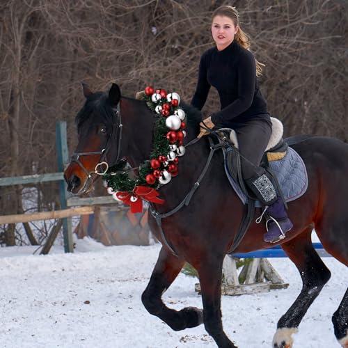 Dingion Christmas Wreath Horse Christmas Horses Neck Garland 16.9 Inches Artificial Outdoor Garland Horse Costume Rustic Farmhouse Decor for Xmas Holiday Party Parades Supplies(Xmas Bow Style) - style: Xmas Bow Style