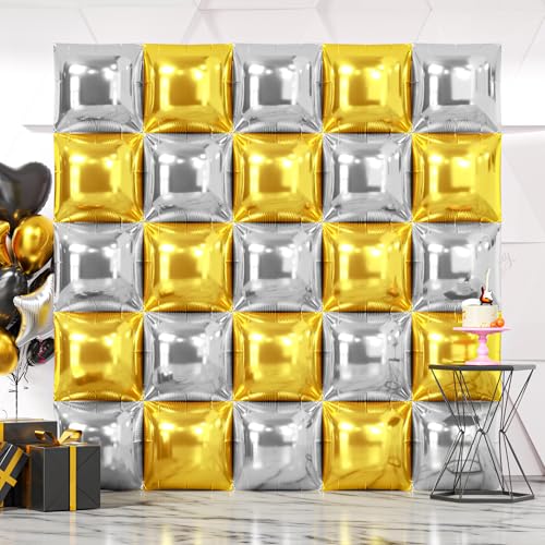 NISOCY 25PCS Metallic Silver Gold Square Foil Balloons Wall Backdrop Double Sided Chrome Gold Silver Balloons Arch Kit for Christmas New Year Anniversary Birthday Engagement Bridal Party Decorations - color: B01 - Gold and Silver, size: 25PCS