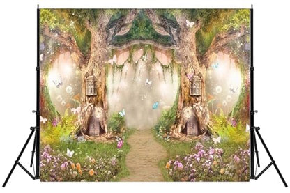 Enchanted Forest Backdrop Fairytale Fairy Photography Background Birthday Party Decoration for Girls Photo Booth Props 12x8ft - size: 12X8FT