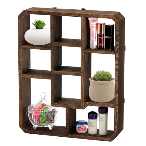 Frcctre Rustic Shadow Box Display Shelf, 9 Compartments Wood Hanging Display Floating Shelves, Multi-Slot Wall Mounted or Freestanding Farmhouse Decor Displays Case