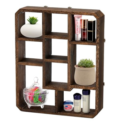 Frcctre Rustic Shadow Box Display Shelf, 9 Compartments Wood Hanging Display Floating Shelves, Multi-Slot Wall Mounted or Freestanding Farmhouse Decor Displays Case