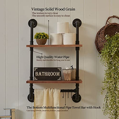 ROGMARS Industrial Pipe Shelf Floating Shelves Bathroom Pipe Shelving Farmhouse Bathroom Shelves with Towel Bar Towel Rack Over Toilet Industrial Shelf Rustic Wall Wood Shelves 19.7 Inch - color: Rustic Brown, size: 20 Inch 2 Tier