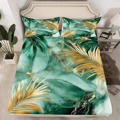 Tropical Leaves Bed Sheet Set King Size 4pcs,Modern Fashion Marble Texture Fitted Sheet Set for Kids Men Teens,Seaside Palm Leaves Bedding Set with 1 Flat & 1 Fitted Sheet with 2 Pillowcases - color: Green and Gold, size: KING(W78*L80*H16")