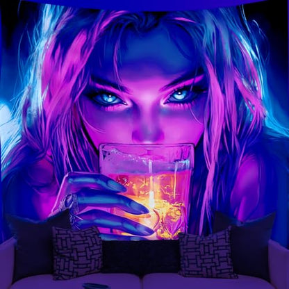WEBEEDY Black Light Cool Anime Girl Tapestry for Bedroom, UV Reactive Aesthetic Tapestry Glow in The Dark Party Backdrop Decoration for Dorm Living Room Home Photo Shoot Prop (59"x51"/150x130cm)