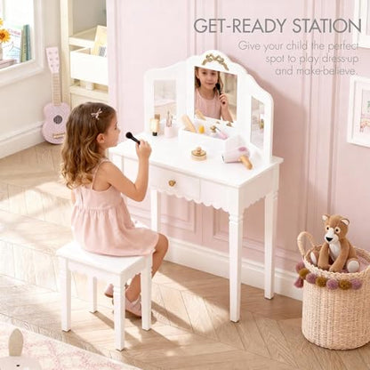 Spirich Kids Vanity Set with Mirror and Stool, Kids Make Up Vanity Desk for Little Girls, Children Makeup Dressing Table with Drawer - size: Golden bow