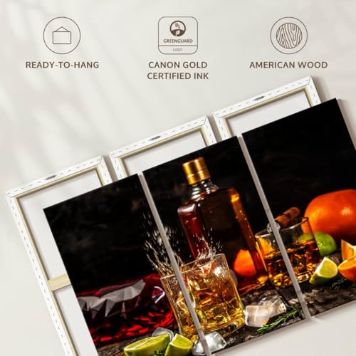 ElephantStock - Citrus Whiskey And Cigar Wall Art - Horizontal Multi Panel Canvas - 3 Piece Living Room Wall Decor - Photography Food And Drink Multi Piece Wall Art - Brown And Gray Decor - 74" x 48" - size: 74L" x 48W"