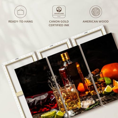 ElephantStock - Citrus Whiskey And Cigar Wall Art - Horizontal Multi Panel Canvas - 3 Piece Living Room Wall Decor - Photography Food And Drink Multi Piece Wall Art - Brown And Gray Decor - 45" x 28" - size: 45L" x 28W"