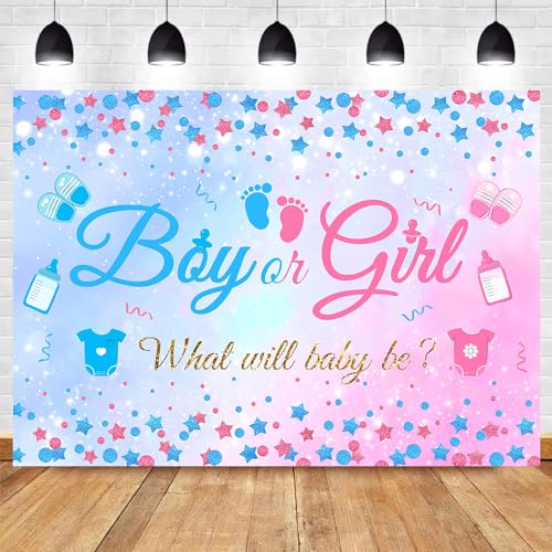 7X5FT Gender Reveal Boy Or Girl Photo Backdrop He Or She What Will Baby Be Blue Pink Footprints Glitter Dots Star Party Decorations Photography Background Polyester - size: 7x5 FT