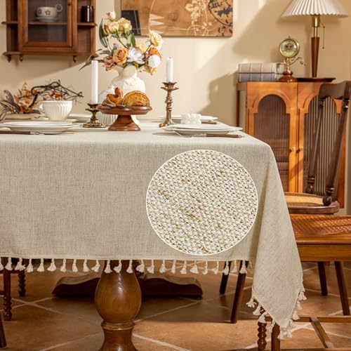 AmHoo Linen Blend Tablecloth Table Cloth 280 GSM Stitching Tassel Rectangle Decorative Natural Table Cover for Kitchen Dinning Wedding Buffet 55×55 inch Ivory White - color: Ivory White, size: 55×55 inch