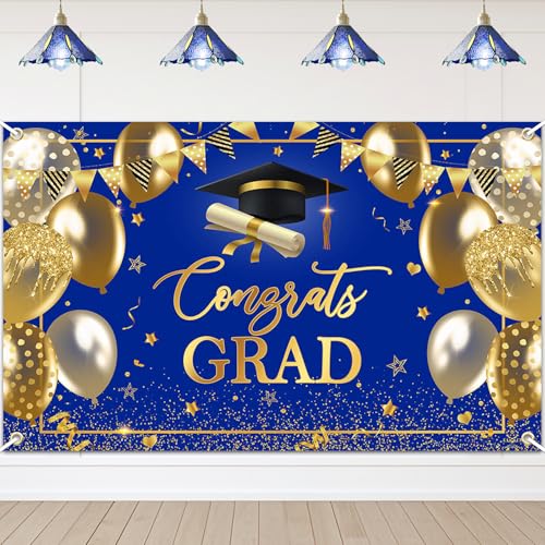Avezano Graduation Banner Congrats Grad Class of 2026 Backdrop Blue Gold Congratulation Graduates Backdrop for 2026 Grad Party Decorations High School College Prom Graduation Background 6x3.6 ft - color: Blue Gold, size: 6x3.6 ft