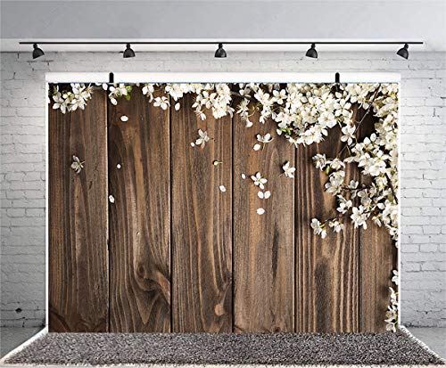 Sensfun 7x5ft Rustic Floral Wood Photography Backdrop White Flowers Decorate Background Vinyl Retro Wood Background Wedding Bridal Shower Backdrops Children Kids Adult Portraits Photo Studio(WP093) - color: WP093, size: 7x5ft