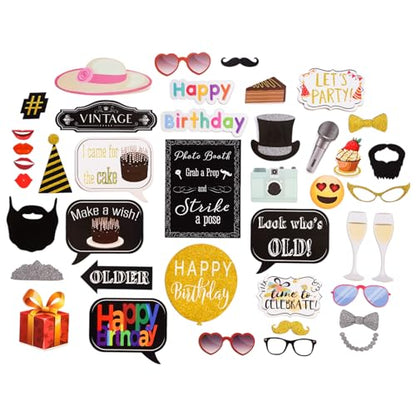 Birthday Photo Booth Props - 41-pc Kit with 8 x 10-Inch Sign, 60 Adhesive Pads, 45 Sticks