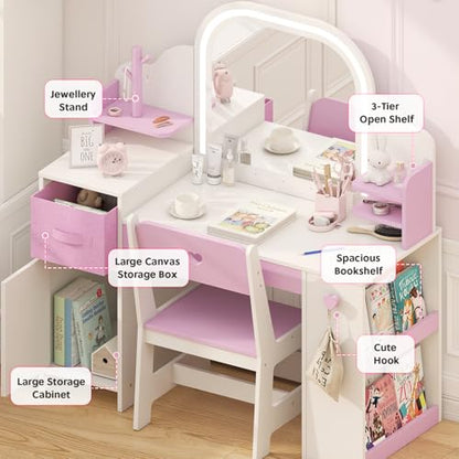 Kids Vanity with Lights and Chair, Princess Makeup Vanity Desk with Mirror Bookshelf Storage Cabinet,3 in 1 Toddler Vanity Table,Children Makeup Dressing Table,Pretend Play Vanity Set for Little Girl
