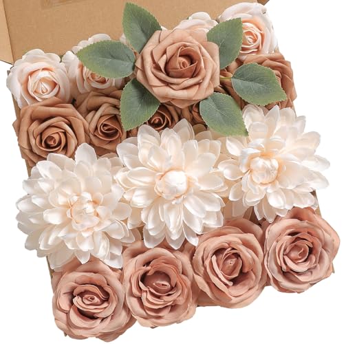 rongflower Artificial Flowers Combo Box Set Gradient Color Flower Leaf with Stems for DIY Wedding Bouquets Centerpieces Baby Shower Party Home Decorations（Nude Champagne） - color: Nude Champagne