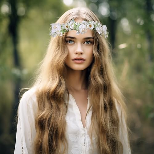 Women Flower Crown Wedding Floral Headband Flower Halo Floral Crown Bridal Party Cosplay Halloween Photos - color: beige white