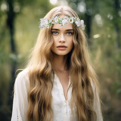 Women Flower Crown Wedding Floral Headband Flower Halo Floral Crown Bridal Party Cosplay Halloween Photos - color: beige white