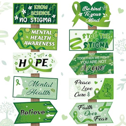 Hooqict 20 Pieces Mental Health Awareness Decorations Signs Motivational Inspirational Green Ribbon Party Directional Sign for Mental Health Awareness Month Therapy Counseling Office Decorations - style: Mental Health